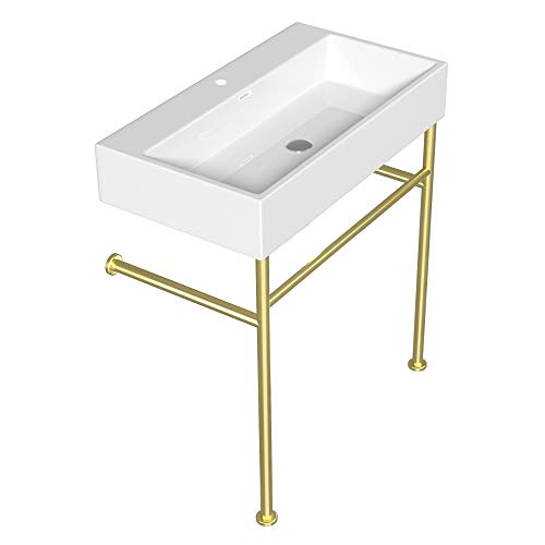 Console Sink with Gold Legs, Logmey 30 Inch Ceramic Basin Logmey Glossy White Rectangle Porcelain Freestanding Bathroom Sink With Tower Bar And Chrome Finishi Overflow,Pedestal Bathroom Sink