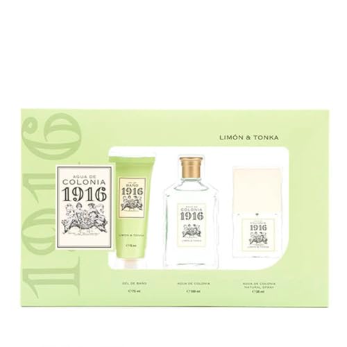 1916 - Limón & Tonka, Agua de Colonia, Estuche de Regalo Mujer y Hombre, Colonia 100 ml + 30 ml + Gel de Baño 75 ml, Perfume Unisex, Fragancia Fresca, Cítrica y Delicada, Aroma de Larga Duración