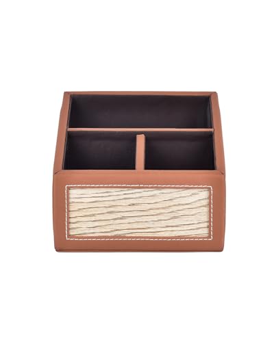 Image of Premsons Remote Holder - 3 Section Tabletop Organizer in Light Brown | Faux Leather with Refined Wooden Finish | Decorative & Practical Organizer - Orange