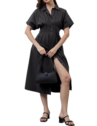 Image of MISSACTIVER Button Front Pleated Shirt Dress for Women Summer Striped Short Sleeve Lapel V Neck Corset Maxi Dress