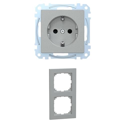 Bundle aus Schneider Electric Merten MEG2300-0460 SCHUKO-Steckdose, erhöhter Berührungsschutz,Schutzkontaktsteckose, Steckklemmen, Aluminium, System M + Merten MEG4020-3660 M-Pure Rahmen 2-fach