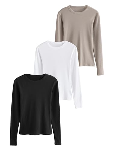THE SET Damen t Langärmelige gerippte Tops, 3er-Pack Schwarz/Taupe Braun/Weiß XL