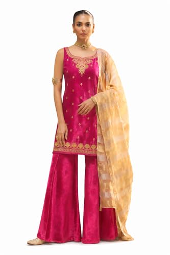 Image of FIORRA Women Rani Pink Ice Velvet Embroidered Kurta Set with Dupatta