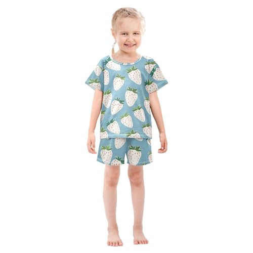 ALAZA White Strawberry Blue Pajamas Short Sleeve 2 Piece Sleepwear Top and Bottom Pajama Set Unisex3