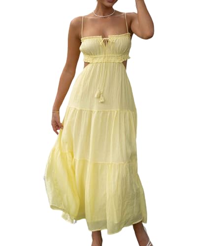 Image of Owl's-Yard Women Ruffle Spaghetti Strap Dress Sexy Backless Tiered Flowy Sundresses Boho Beach Long Dress Clubwear (D-02, L), Large