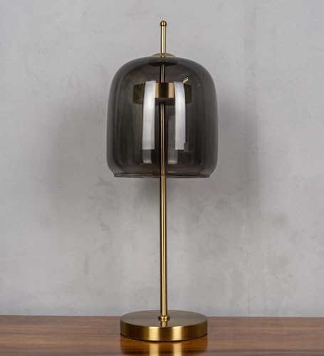 Image of Modern Smoke Glass Table Lamp with 3-Color LED | Black Metal Bedside Lamp for Living Room & Bedroom | Decorative Table Light for Home Decor