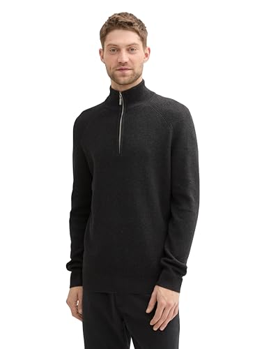 Tom Tailor Herren Troyer Strickpullover aus Baumwolle, 10617 - Black Grey Melange, S – Ansicht 1