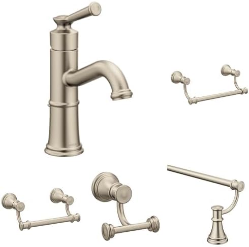 Moen Belfield Brushed Nickel Bathroom Set - One-Handle Sink Faucet with 9-Inch Hand Towel Bar, 24-Inch Towel Bar, Double Robe Hook, and Toilet Paper Holder