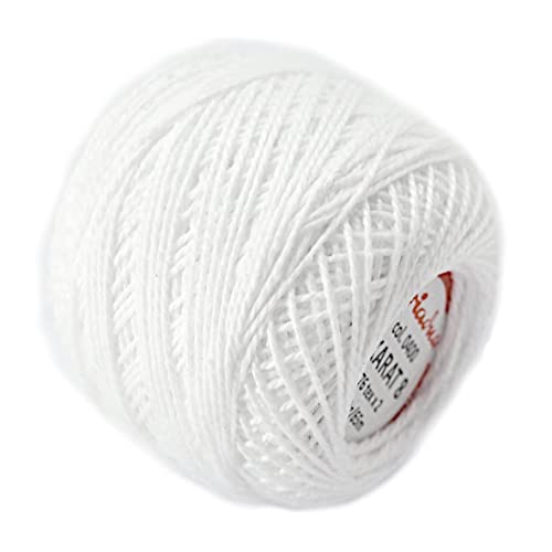 Cotton Crochet Embroidery Yarn 71yd/65m Quality Ball 0.35oz/10g Thread Floss Size 8 (White 0400), 8W
