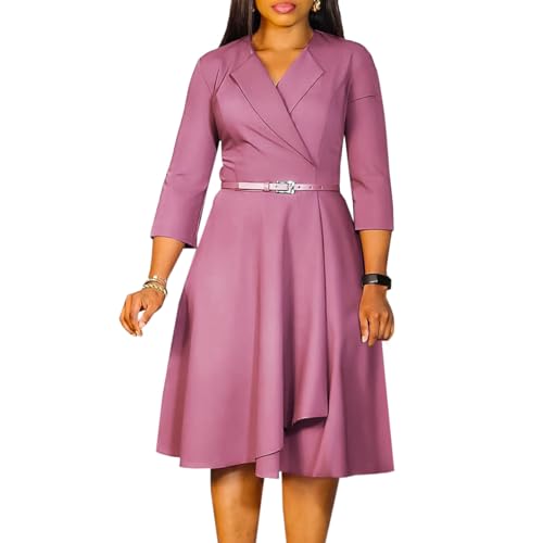 Image of Elainone Women 3 /4 Sleeve Casual Swing Flared A Line Dress Wedding Guest Semi Formal Office Work Dresses with Belt