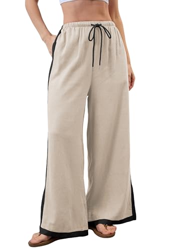 Lentta Womens Linen Wide Leg Pants Side Striped Palazzo Pants Beach Pants with Pockets Lounge Vacation Outfits