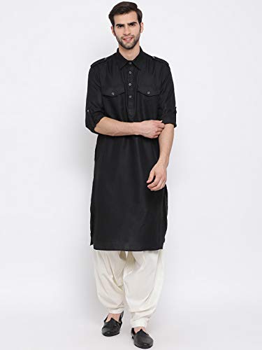 Image of VASTRAMAY Men's Cotton Blend Pathani Kurta Set || Stylish Pathani Style Kurta with Roll Up Sleeves and Relaxed Fit Patiala Salwar
