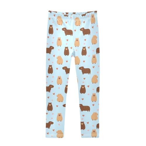 Cute Capybara Drawing Blue Girls Leggings Soft Comfortable Athletic Leggings Dancing Pants for 4-10 Years