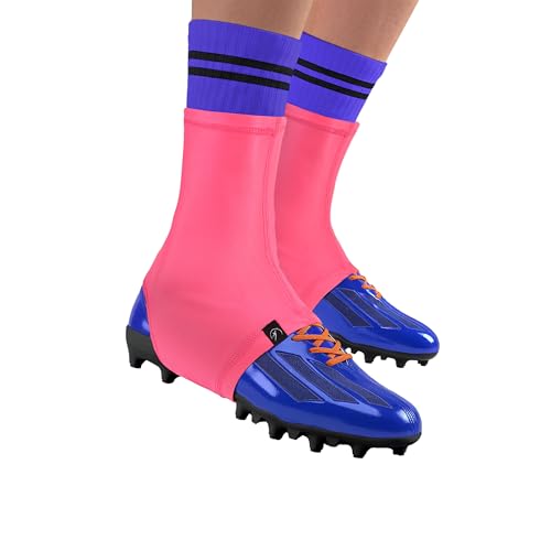 ATHLETIN BE SPORTY Spats Cleat Covers Shoe Cover for Football, 7v7, Lacrosse, Rugby & Soccer – Durable Polyester Spandex Blend Athletic Fit (Pink, L/XL - Shoes 9-12+)