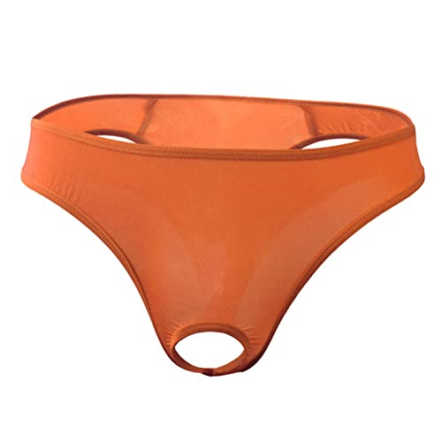 JEsilunmaMY Mens Ice Silk Underwear Low Waist Open Pouch Sexy Panties Thong Transparent Breathable Underpants Swimsuit (Orange,One Size)