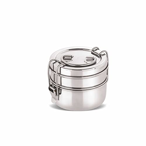 neelam Stainless Steel, 26 Gauge Two Compartment Tiffin Box with Lid, 800 ml (Tiffin Plate 7x2), Space Saving Handles, Traditional Tiffin Carrier for School and Office, Durable and Eco-Friendly