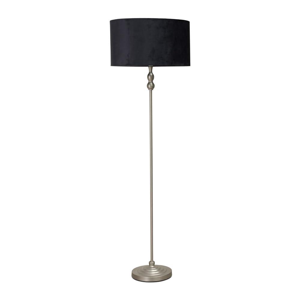 Brushed Chrome Metal Candlestick Floor Lamp with Black Velvet Drum Shade Living Room Light