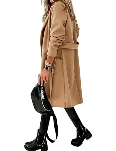 Hooever Women's Double Breasted Wool Blend Coat Winter Notched Lapel Belted Peacoat Mid Long Jacket4