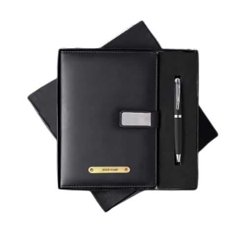 Image of 2 in 1 Personalized Diary & Pen Gift Set | Custom Name Engraved Leather Notebook & Metal Pen | Perfect for Office, & Corporate, Personal Use & Gifting (Black)