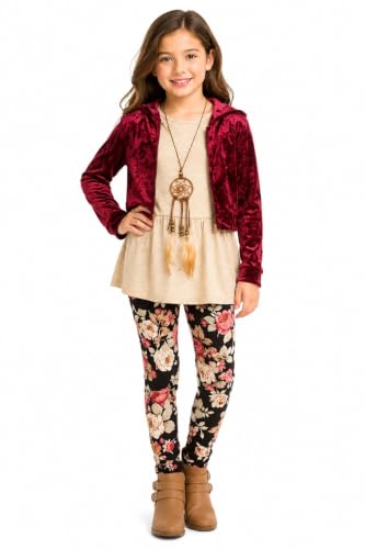 Image of iGirlDress Girls 4 Pieces Pant Set Long Sleeve Jacket Necklace Floral Plaid Pant 4-16