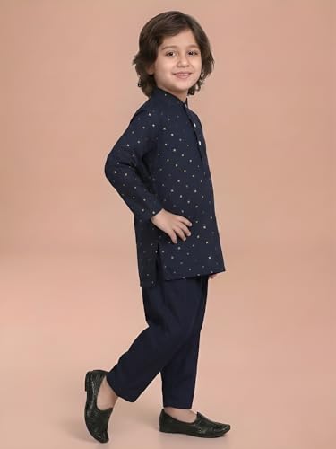 Image of POLKA TOTS Boys Cotton Ethnic Kurta Pajama Set with Attached Koti | Ethnic Motif Wear Kids Kurta Pyjama for Boys & Toddlers | Traditional Dress for Weddings & Festivals | Festive Jubba Set for Babies