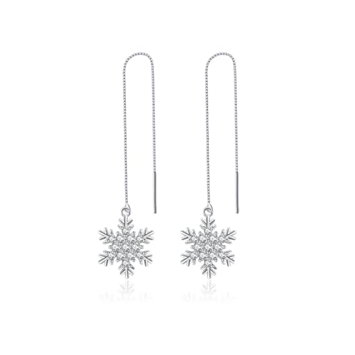 SLUYNZ Sterling Silver Christmas Snowflake Dangle Earrings Chain for Women Teens Snowflake Drop Earrings Threader Winter Earrings