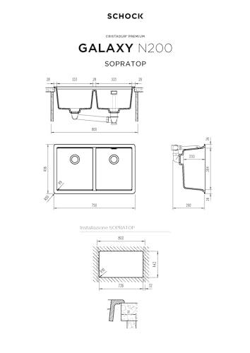 SCHOCK | Küchenspüle Galaxy N200 2 Becken mit funktionalem Rand für Zubehör, Material ®Cristadur, Bronze, 750 x 456 mm