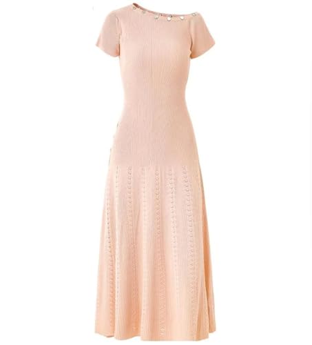 Women's Asymmetrical Slant Neck Short Sleeve Flared Skirt Solid Color Round Neck Slim Long Skirt Apricot M2