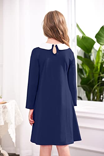 Image of Arshiner Girls Long Sleeve Vintage Peter Pan Collar T-Shirt Dress Age 4-13 Years