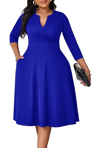 Image of Runwind Women's Plus Size Midi Dress 3 /4 Sleeve Fit and Flare Cocktail Dresses Casual V-Neck Dress with Pockets