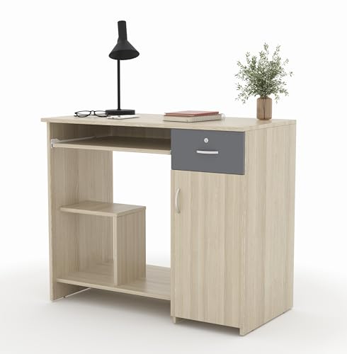 Image of 45x90x76CM Engineered Wood Study & Office Table with Drawer, Cabinet Storage & Keyboard Tray | Sturdy, Foldable DIY Multipurpose Table- Acacia Light with Grey