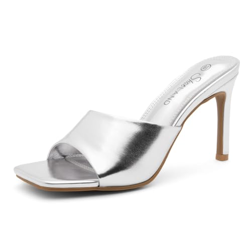 Image of Shoe Land Melrose Women's High Heels Stiletto Heeled Slides, Square Open Toe One Band Slip-On Heeled Mules - Dressy Clear Heeled Sandals for Prom Party Wedding and Vacation