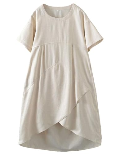 Tebreux Women's Linen Midi Dress Oversized Short Sleeve Sundress Baggy Tunic Dresses with Pockets