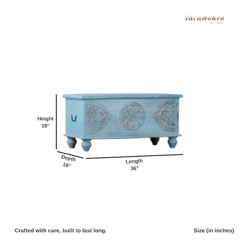 Image of Devin Wooden Trunk Box for Storage | Solid Wood Coffee Table for Living Room | Center Coffee Table with Storage | Front Wooden Carved Sandook Pitara for Home Decor (Light Blue Distress)