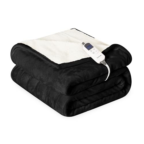 Heat Blanket 72”x84” Full Size,Soft Flannel & Sherpa Reversible Electric Blanket with 10 Heat Settings,12 Timer Setting and 8 Hours Auto-Shut Off,ETL Certified Machine Washable,Black