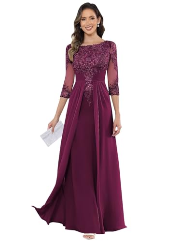 Sparkly Lace Appliques Mother of The Bride Dresses for Women Long Chiffon 3/4 Sleeve Wedding Guest Formal Gown