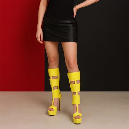Image of Richealnana Women's Gladiator Knee-High Platform Heels-Stiletto Peep Toe Boots with Back Zipper for Club,Prom,Dance,Sexy