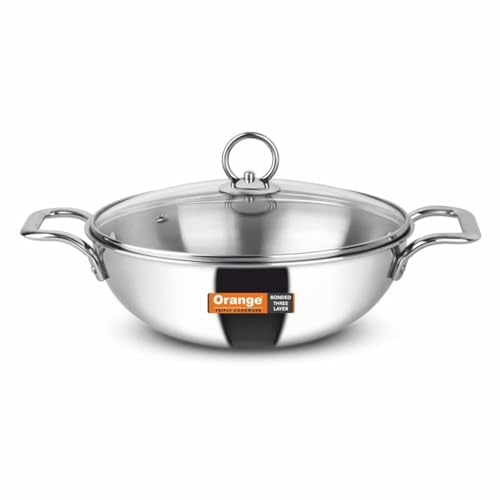 Image of Orange Triply Stainless Steel Deep Kadai with Glass Lid 2.0 litres Capacity (20 cm Diameter) | 20 cm Heavy Bottom with Cool Touch Handle | Silver (Induction and Gas Stove Friendly) | 5 Year Warranty