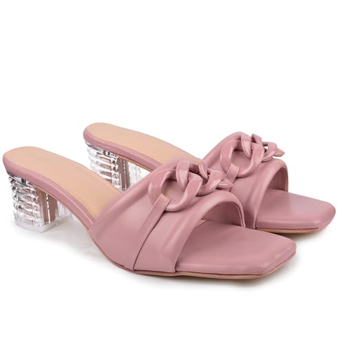 Image of Women's Slip On-On Heeled Sandals with Transparent Block Heels & Decorative Chain Strap Signora103| Fashionable Summer Slides Trendy Chain Strap Signora103
