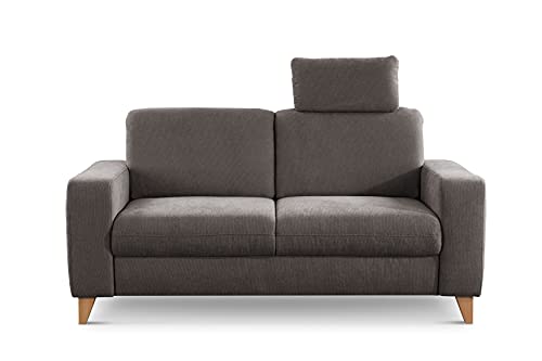 CAVADORE 2er Sofa Lotta / Skandinavische 2-Sitzer-Couch mit Federkern, Kopfstütze und Holzfüßen / 173 x 88 x 88 / Webstoff, Dunkelgrau