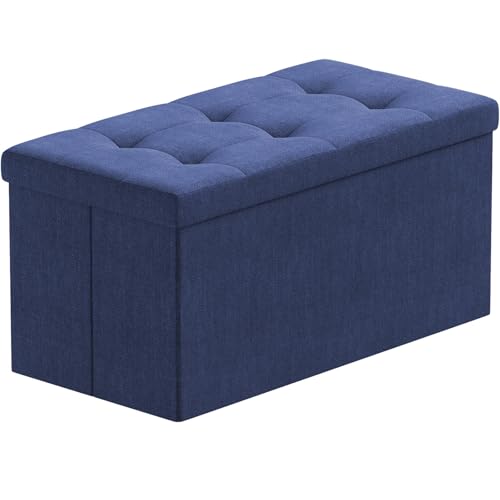 BRIAN & DANY Baúl Puff Taburete Plegable de Almacenamiento otomano, Taburete de Lino, reposapiés Plegable para Asiento - Azul Marino, 76 x 38 x 38 cm