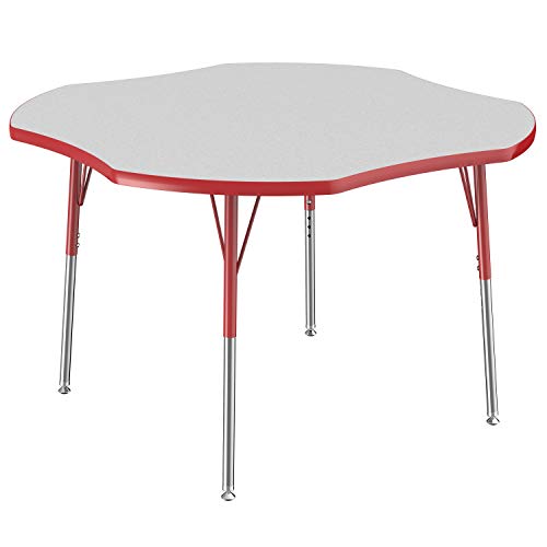 Image of FDP Clover Activity School and Office Table (48 x 48 inch), Standard Legs with Swivel Glides for Collaborative Seating Environments, Adjustable Height 19-30 inches - Gray Top and Red Edge