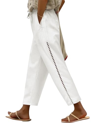 CMTOP Leinenhose Damen Weite Freizeithose mit Kordelzug und Taschen 7/8 Elastische Gerades Bein Sommerhose Bequeme Strandhose aus Baumwolle(Weiß,M)