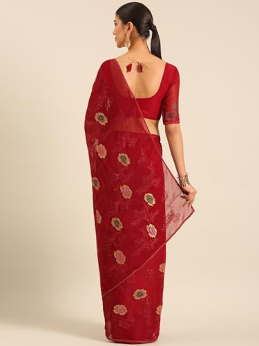 Image of Panzora Women's Chiffon Embroiderd Saree With Blouse Piece