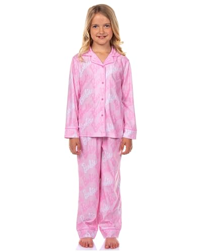 INTIMO Barbie Pajama Girls' Barbie Logo Button Front Long Sleeve Shirt and Pant 2 Piece Set Sleepwear