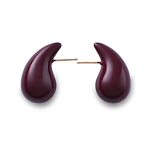 Rajputana Chunky Gold Hoop Earrings for Women, Lightweight Waterdrop Teardrop Hollow Open Hoops, Hypoallergenic Gold Plated Earrings Fashion Jewelry for Women Girls (Wine Red)