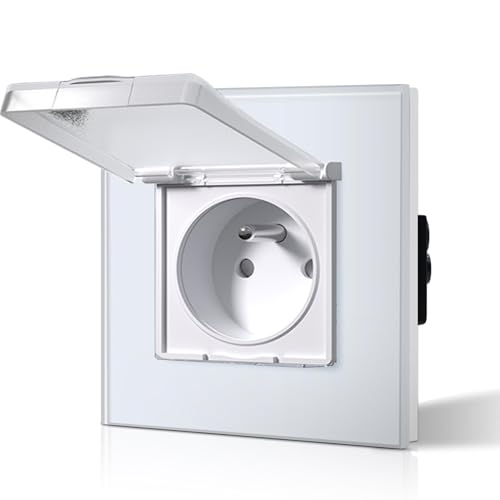 BSEED Prise Murale Etanche, Prise de Courant Encastrable En Verre, 16 Amp 240V Alternatif, Commutateur avec couvercle étanche Convient pour la salle de bains, la cuisine et l'extérieur, 86MM Blanc