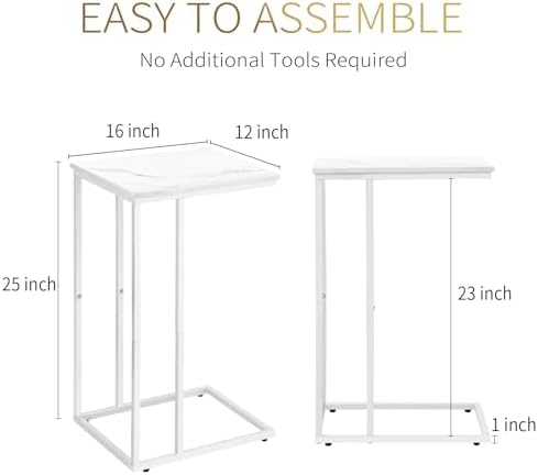 C Shaped End Table Set of 2 for Sofa and Bed, Slide Under Couch Tables, Side Table With Faux Marble Top, Small Under Table Tray for Living Room, Bedroom, White