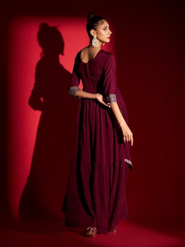 Image of Madhuram Women's Chinon Chiffon Traditional Ethnic Long Western Dress with Embroidery Work Long Kurta(M-2361)
