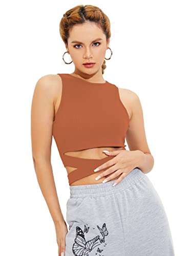 Image of Shasmi Women's & Girl's Black and Orange Solid Ribbed Round Neck Collarless Sleeveless Slim Fit Lace Up Tank Tops (Top 45)